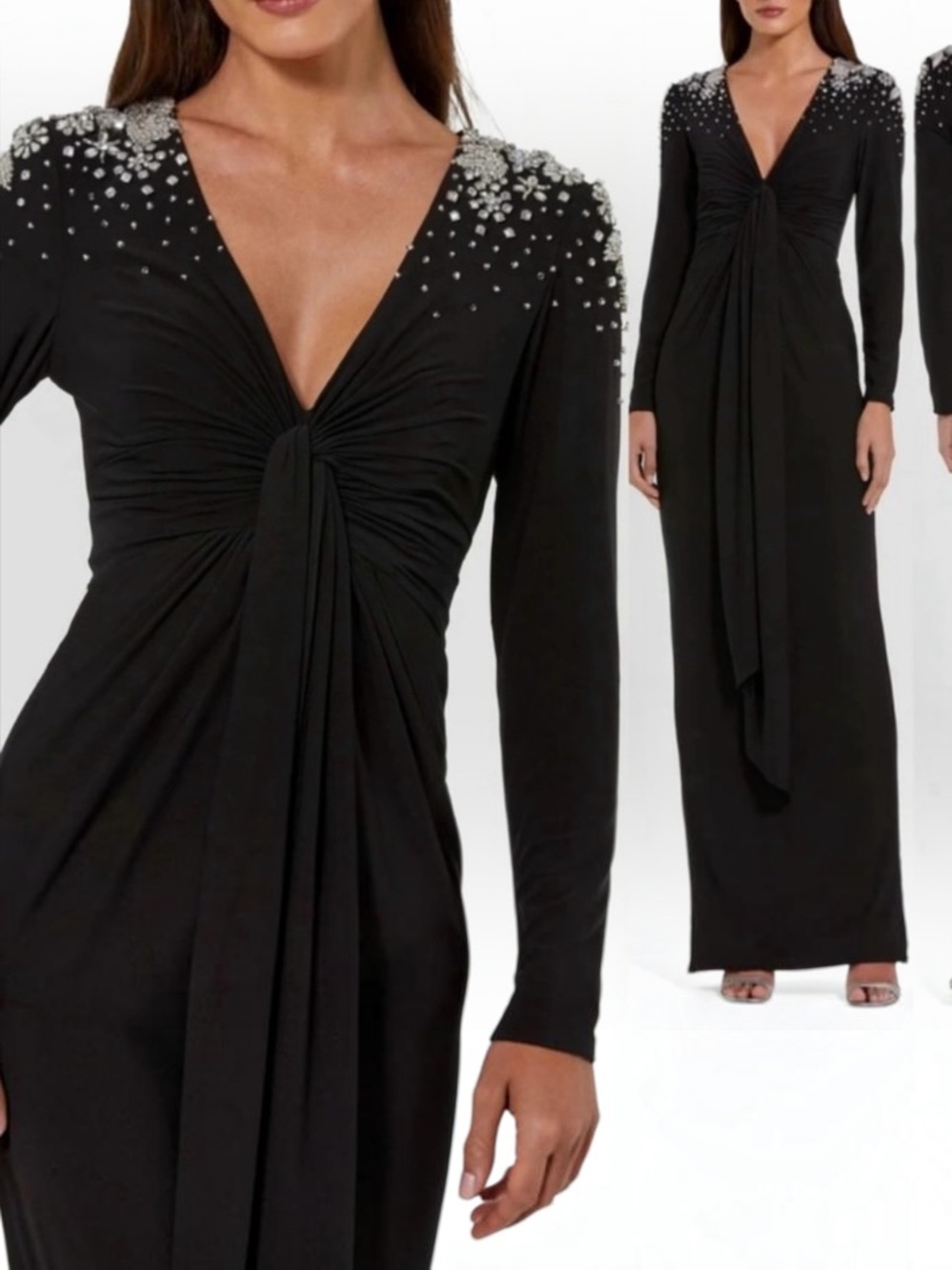NWT Mac Duggal Ieena Black Beaded Shoulder Faux Knot Gown XS 44063